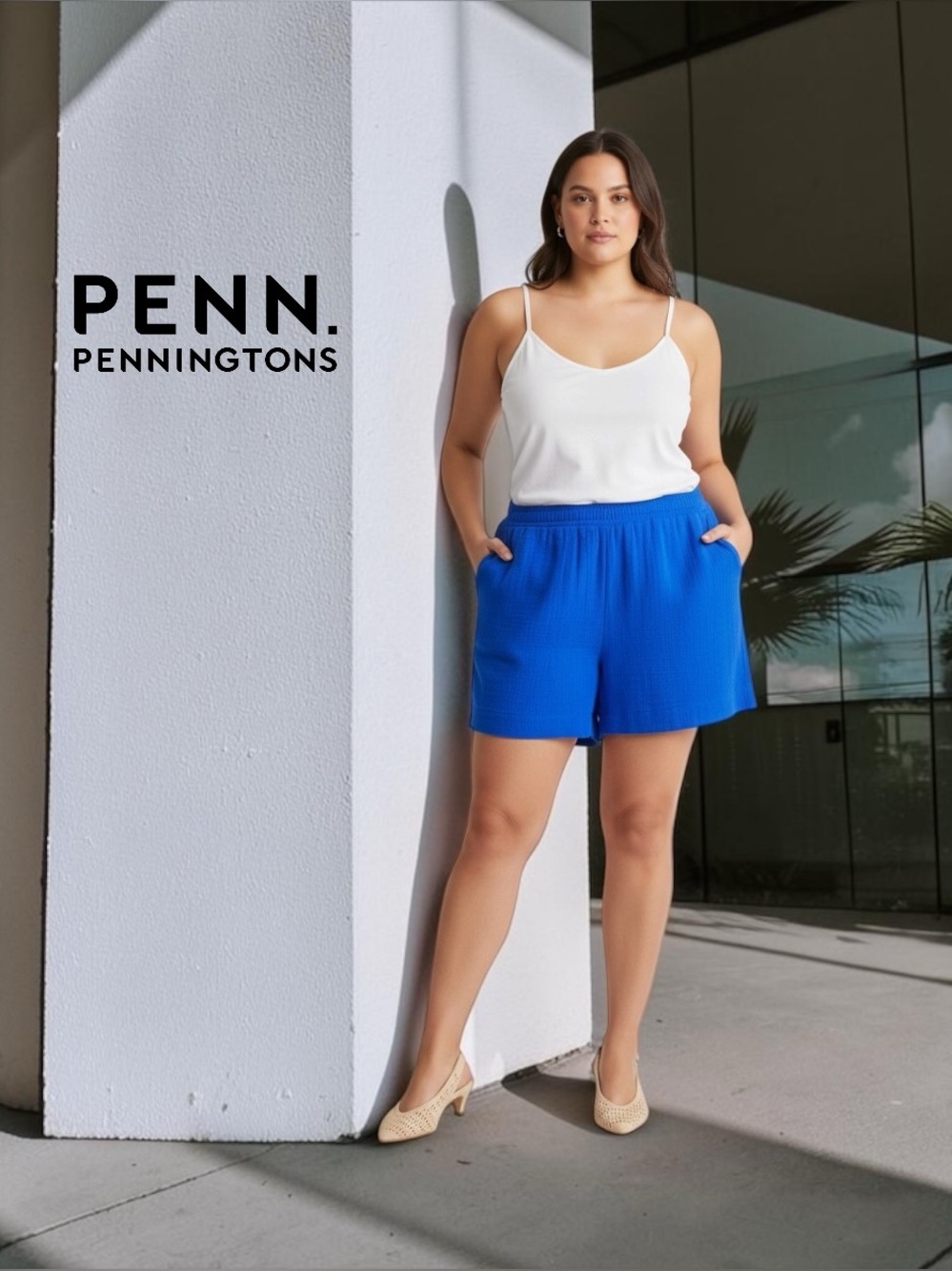 Penningtons, 4X, Cotton Gauze Shorts Blue, Plus Size Elastic Waist Pockets